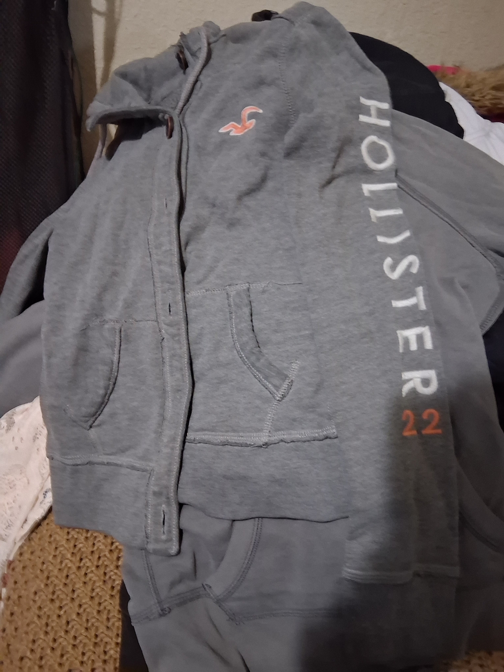 Hollister Gray Zip Hoodie with Pink Logo and Orange Accent